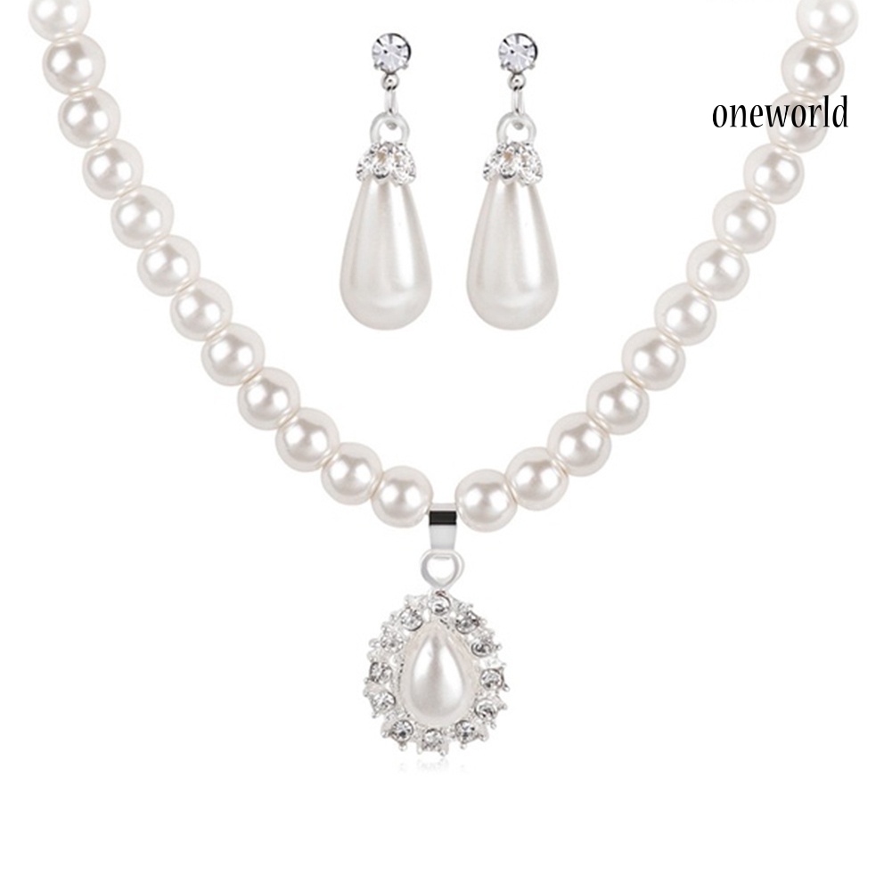 OW@ Water Drop Faux Pearl Beaded Rhinestone Bridal Necklace Earrings Jewelry Set