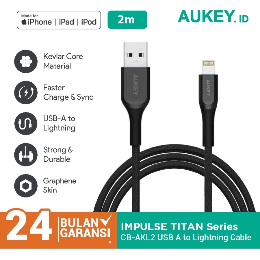 Aukey Cable CB-AKL2 Black MFI USB A To Lightning Kevlar 2M