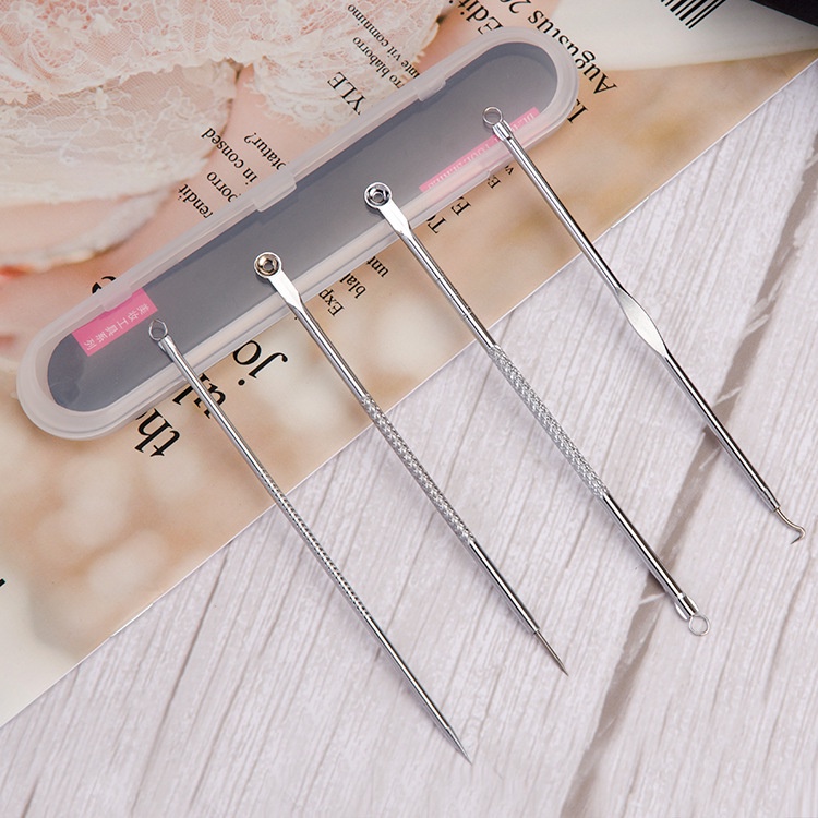 Alat Pencet Pencetan Penjepit Pinset Pengangkat Pembersih Jerawat Komedo set 4 in 1 Alat Facial Wajah Stainless Steel Pimple Needles Acne Pimple Remover Tools