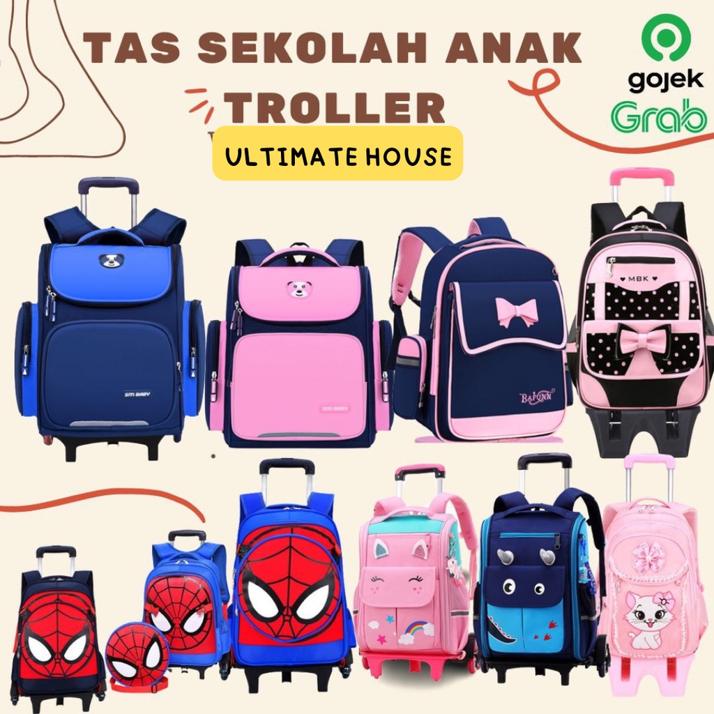 Tas Ransel Anak Trolley Karakter Tas Troli Anak Sekolah Dorong Koper Tas Sekolah Troller Anak Perempuan Laki-Laki Trolly Spiderman Karakter Unicorn Tas Import Trolley Roda 3