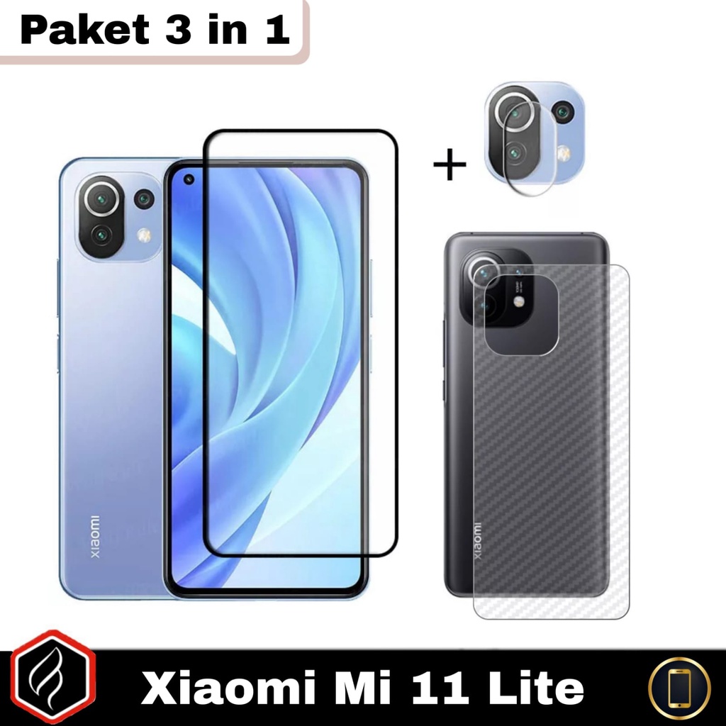 Paket 3 in 1 XIAOMI Mi 11 Lite / Mi 11 Lite Anti Gores Layar Full Cover + Tempered Glass Camera Free Skin Carbon