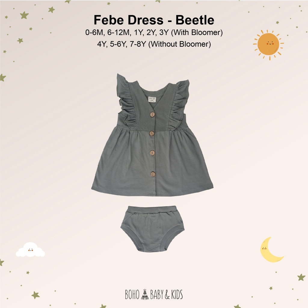 Bohobaby Febe Dress 3-4Y/Bohopanna Gaun Terusan Anak Bayi/Baju Dress Ruffle Set Celana Pendek-Beetle