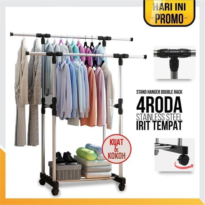 Jemuran Stand Hanger Double Rak Serbaguna Dengan 4 Roda Tempat Gantungan Baju rak jemuran baju rak jemuran handuk baju stainless