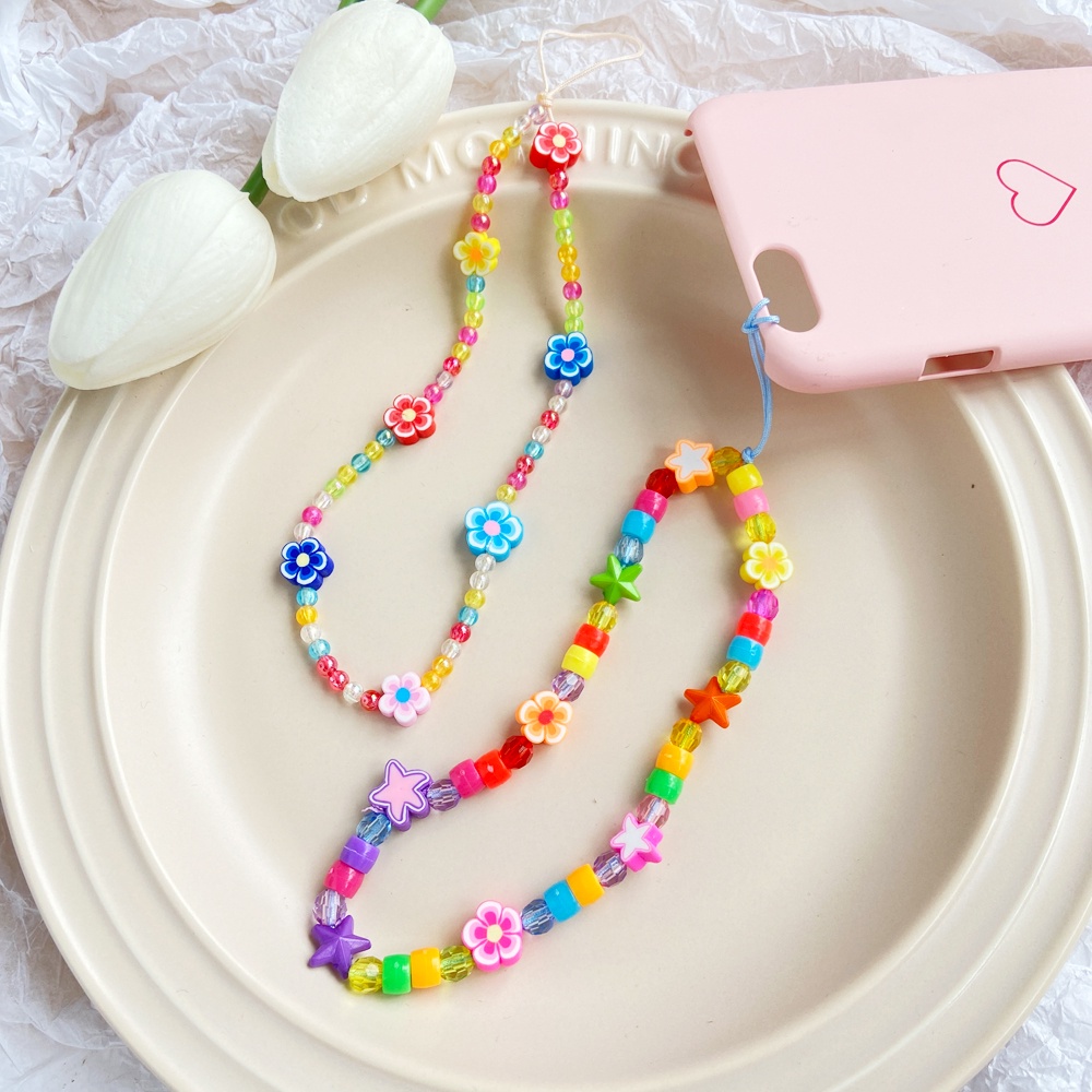 Korean Colorful Bead Mobile Phone Chain Cute Flower Letter Mobile Accessories