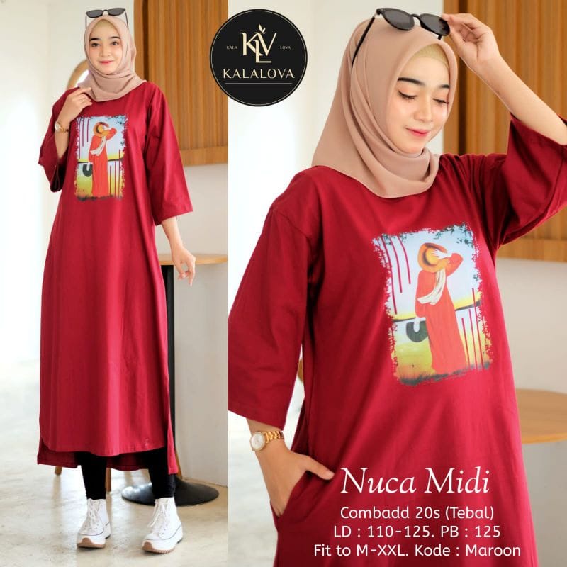 Pakaian Muslim Wanita Terbaru Nuca Midi Dress Jumbo Baju Remaja Perempuan Midi Dress Combed 20s Aksen Sablon