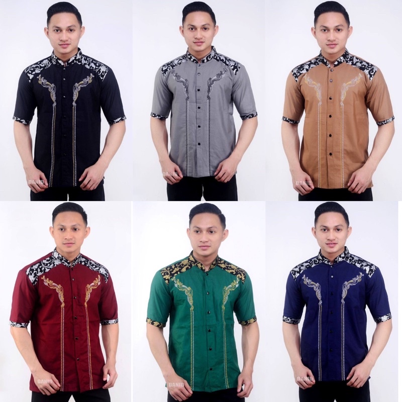 Baju Koko Pria Bordir Kombinasi Batik Prada Lengan Pendek Motif Aripin Bakung