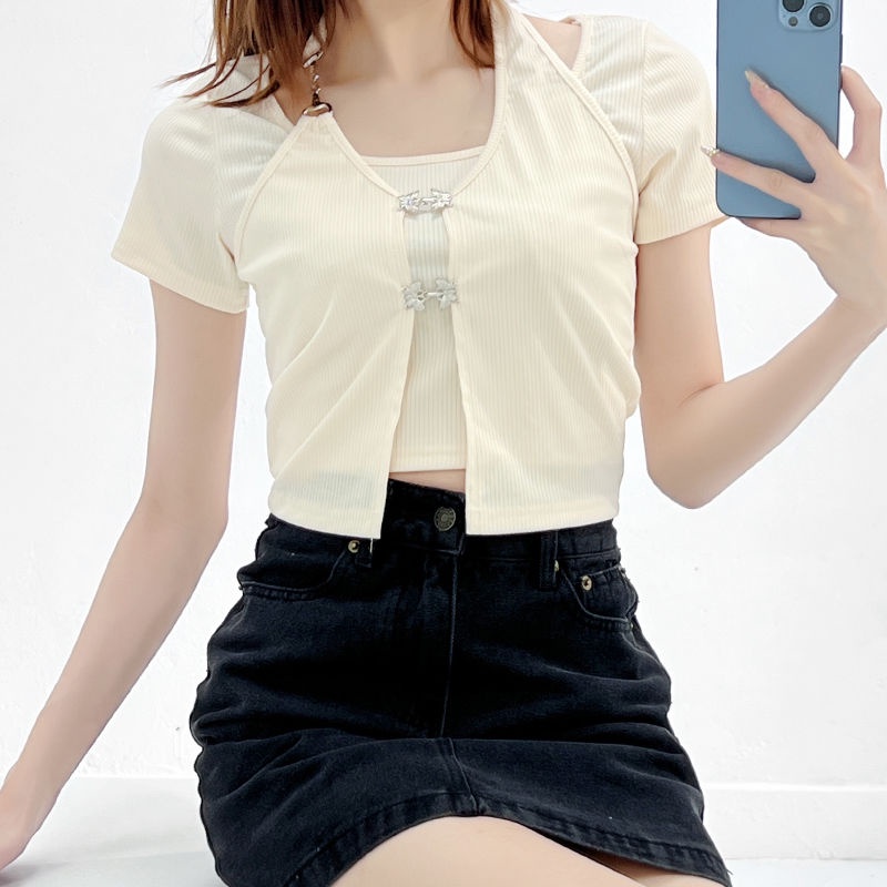 Red Musim panas New Sweet Cool Windy Lengan Pendek Desain Kecil Terasa Meninggalkan Dua Potongan Kalung Chain Slim Fit Top Ins