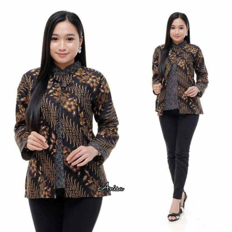 BATIK COUPLE MODERN BLOUSE ATASAN BATIK WANITA TERBARU LENGAN PANJANG Motif remekan coklat anisa