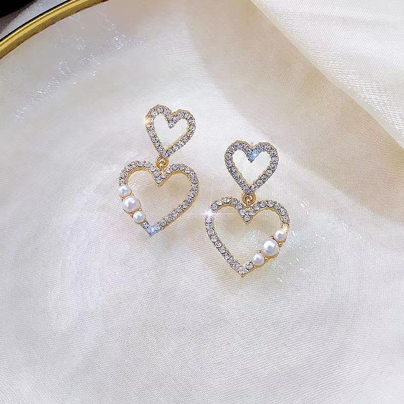 Korea mutiara bertatahkan Berlian baru sterling silver jarum anting-anting anting-anting double anti