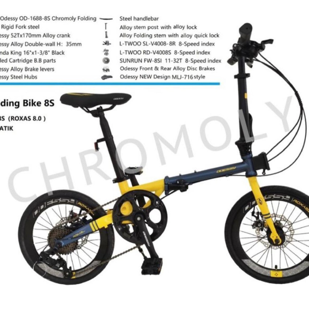 Sepeda Lipat Odessy Roxas 8.0 Chromoly 8 Speed Frame 16 Chromoly Folding Frame Garansi SNI COD-Abu kuning