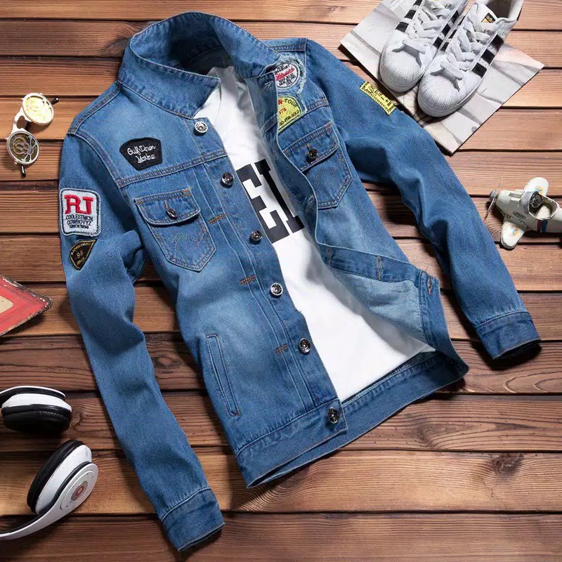 Jaket Korea Blue|Jaket Jeans Bordir|Jaket Terlaris|Jaket Denim Full Hantag|Jaket Jeans Emblem