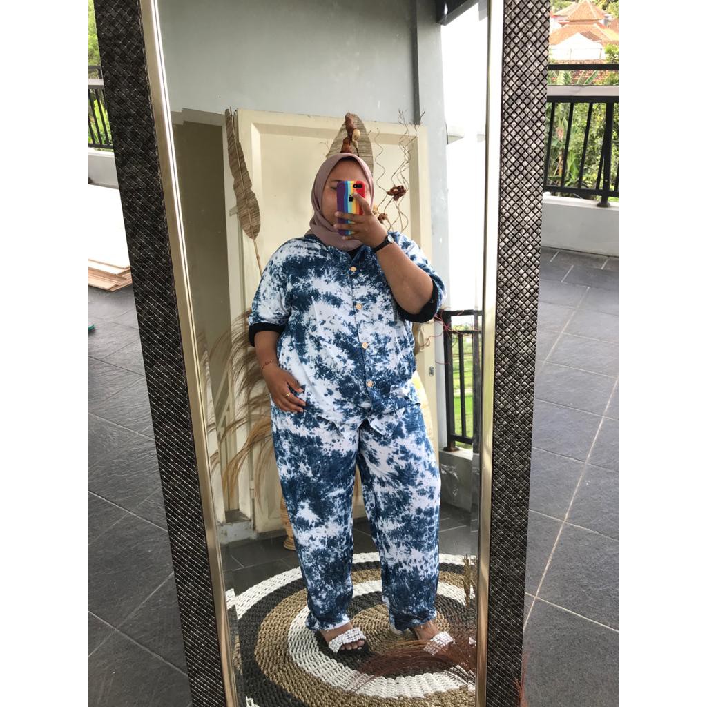One Set Tie Dye Wanita LD 110 120 130 Bahan Rayon Piyama Pria Lengan Pendek Setelan Jumbo Tie Dye-1