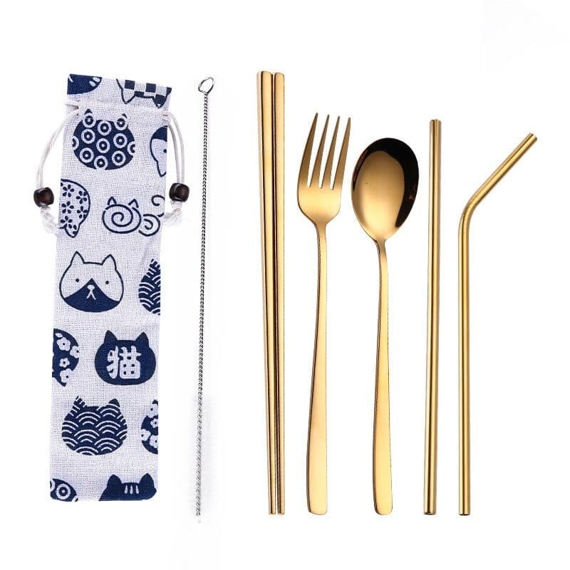 Tofok Cutlery Set Perlengkapan Makan Sendok Garpu Kitty Cloth Bag T5