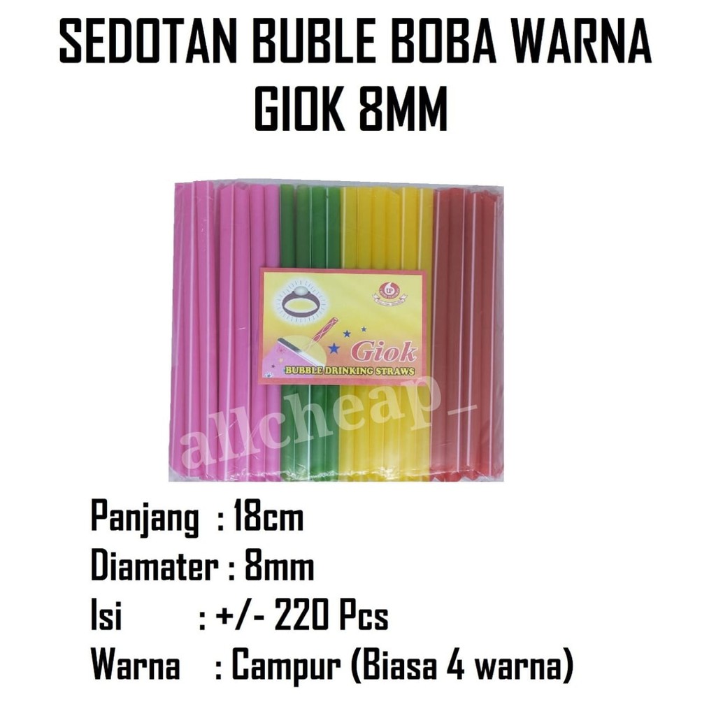 SEDOTAN BOBA STRAW BUBBLE GIOK DOP WARNA WARNI 8mm X 18cm UJUNG LANCIP