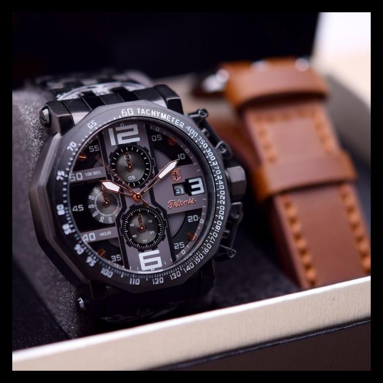 Indh Jam TAngan Pria Tetonis 6012 Rantai Set Box Bonus Kulit Original - Full Hitam TERMURAH Kode 157