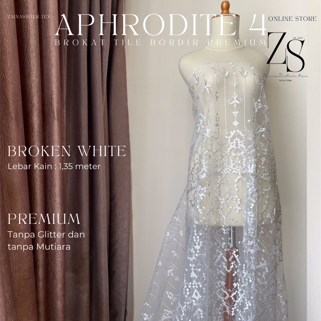 Bahan Kain Kebaya Brukat Tile Tille Bordir Premium Etnik Aphrodite Motif 4 Warna putih Tulang Broken