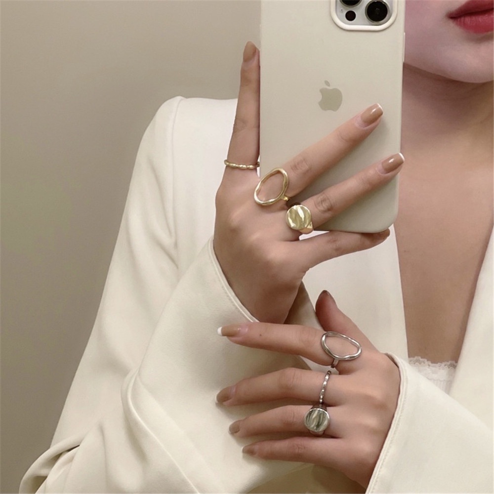 3pcs / set Cincin Bentuk Oval Geometris Gaya Punk Klasik Untuk Wanita