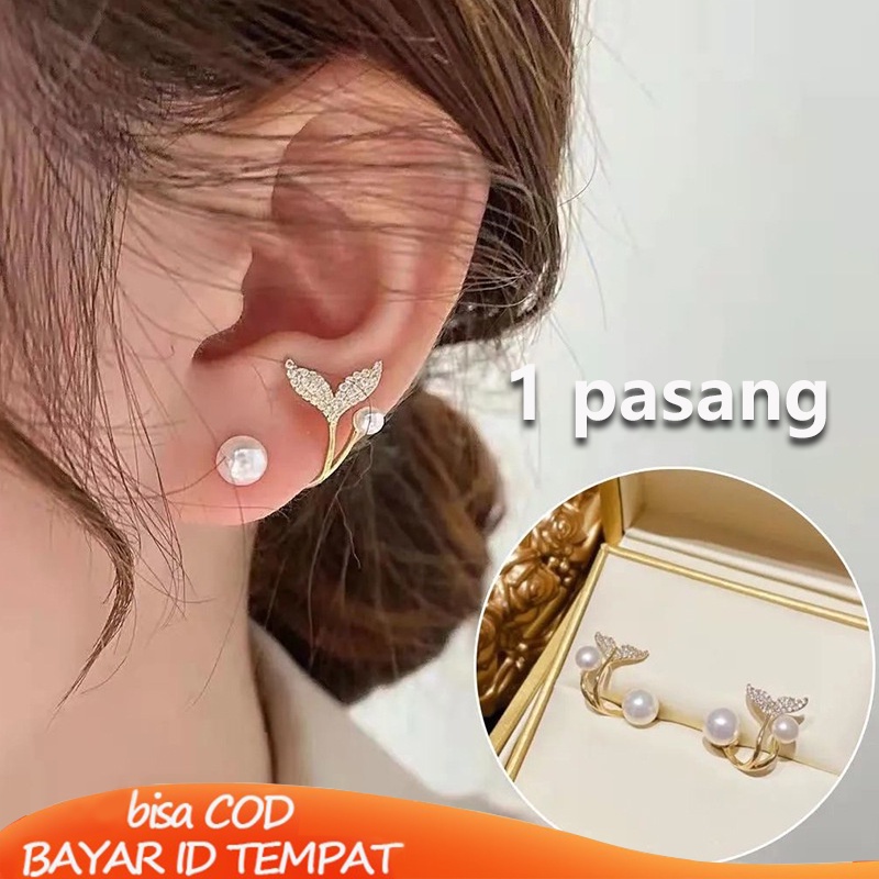 COD❤️1 Sepasang Anting Tusuk Earrings  panjang Anting Rumbai Gantung Temperament Desain Ekor Ikan Hias Mutiara Gaya Koreasimple Untuk Wanita