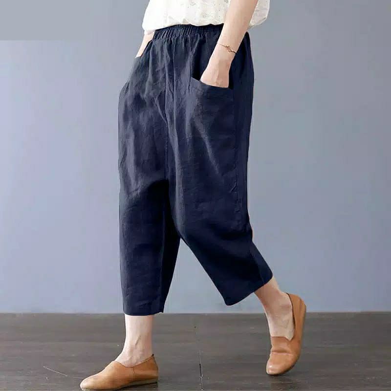 CELANA WANITA MURAH - SASHA CELANA CROP LINEN PINGGANG KARET - BAWAHAN WANITA KOREAN STYLE '-Navy