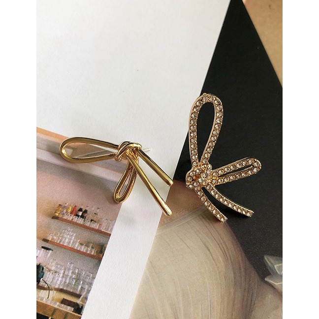 LRC Anting Tusuk Fashion Gold Rhinestone Bow S925 Silver Needle Earrings D00267