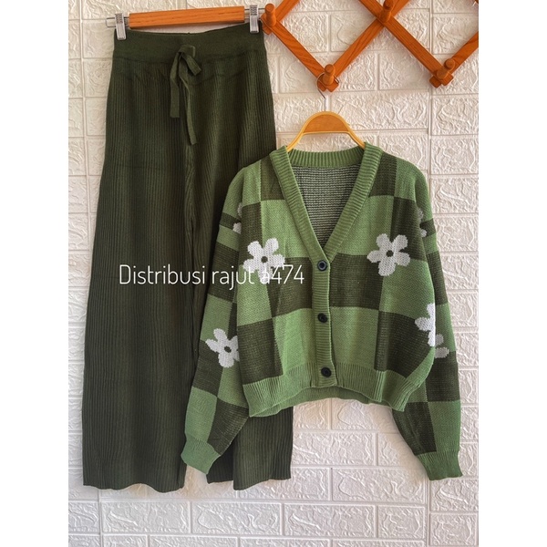 ONESET SETELAN ROK DAN KULOT CARDIGAN RAJUT RIRIN MOTIF BUNGA