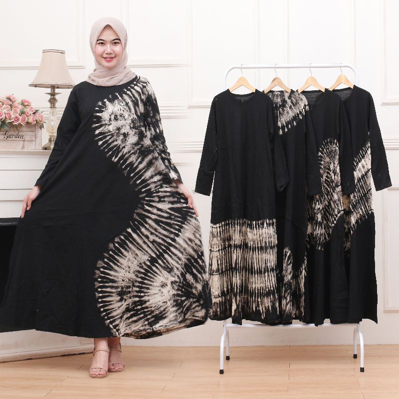 Baju Muslim Wanita Gamis Murah Terbaru Bahan Kaos Motif Jumputan Gamis Remaja Modern Hitam Kekinian