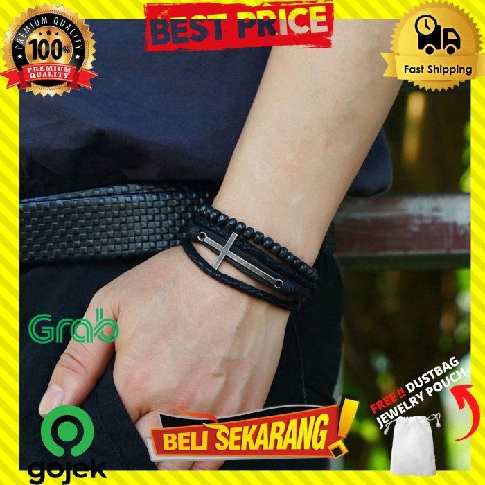 Gelang Tali Kulit Salib Batu Lava Stone Multilayer Pria Unisex G261
