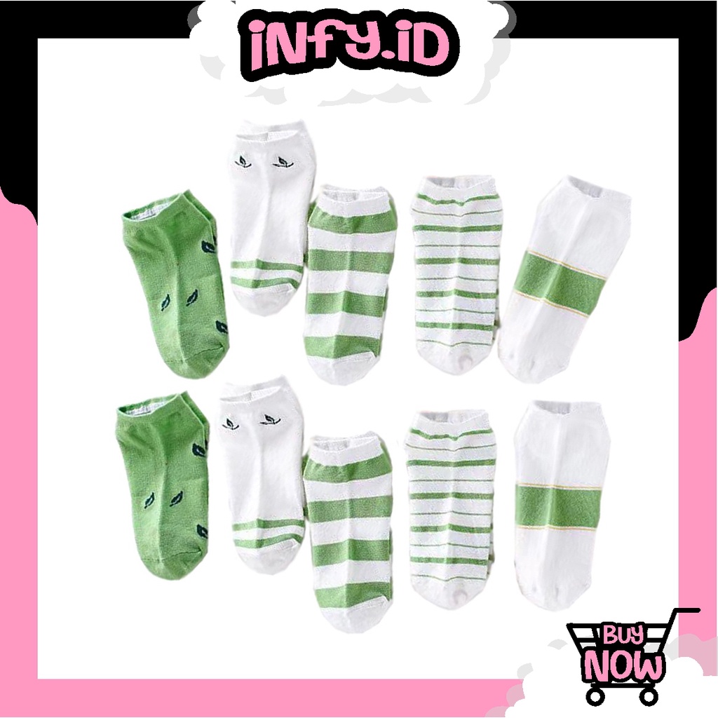 INFY - Kaos Kaki Wanita Motif Green Leaf Fashion Korea Women Sock Import Murah KK005