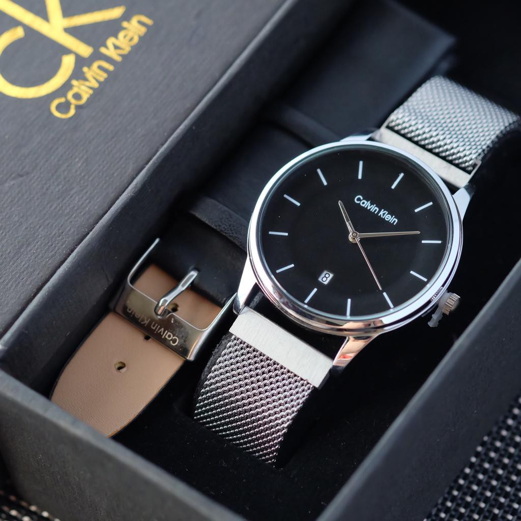 Jam Tangan Pria Wanita Analog CK Super Tanggal Tali Rantai Fullset 3