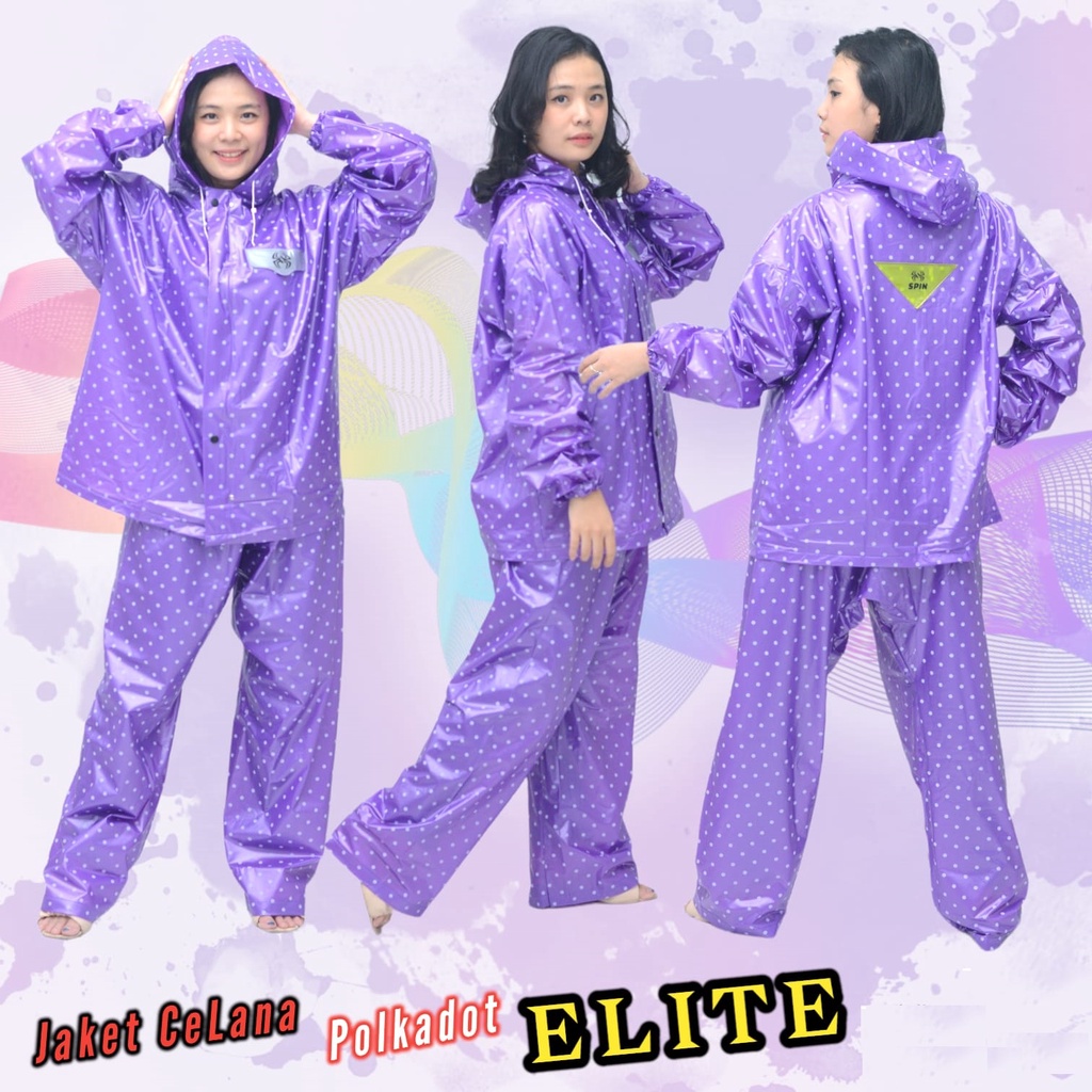 Jas Hujan Wanita Polkadot Setelan Jaket Celana Elite Spin Terbaru Cakep