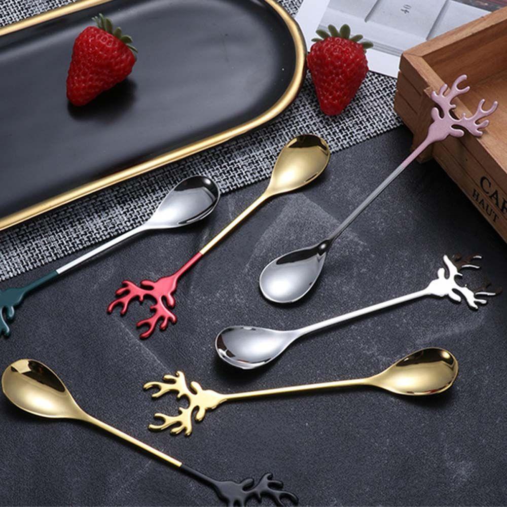 Nickolas1 Sendok Kopi Stainless Steel Kualitas Tinggi Natal Elk Deer Head Dessert Stirring Spoon