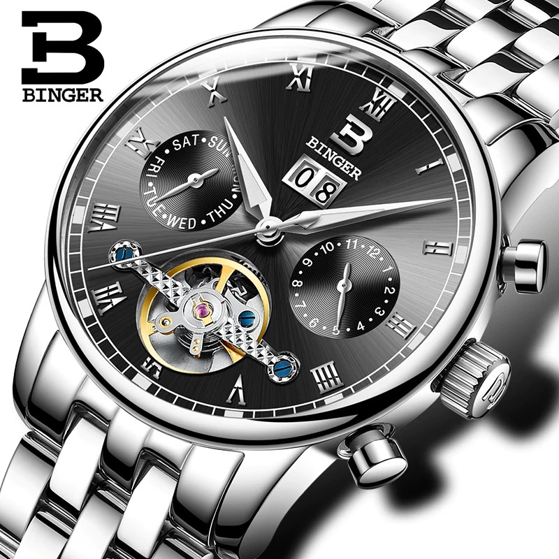 Jam tangan mekanik pria keren Switzerland BINGER men's watch luxury brand Tourbillon fulll