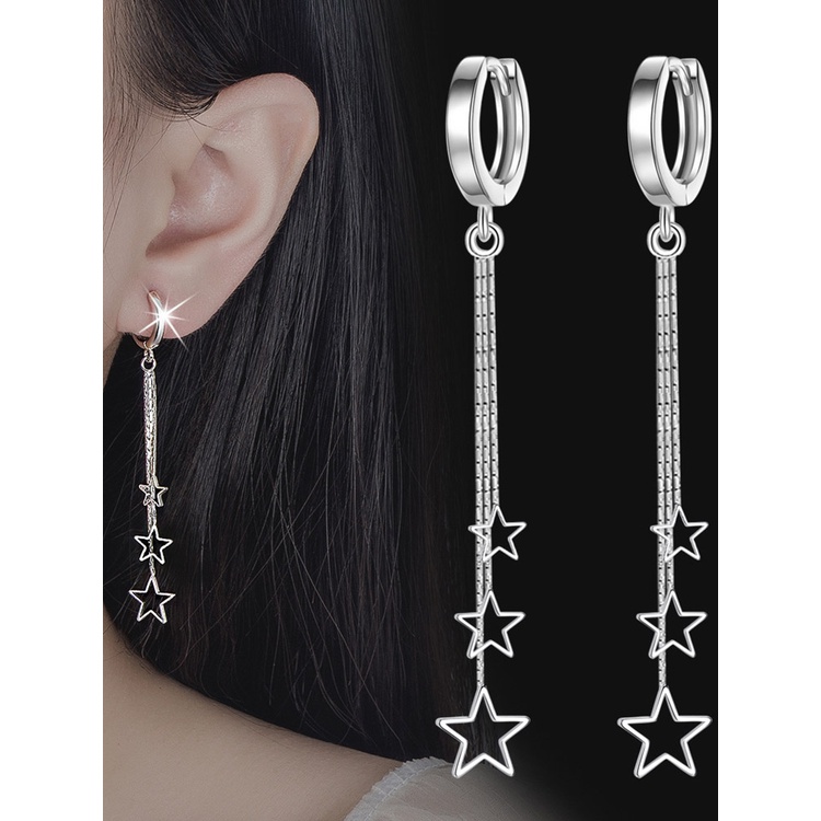 Anting Rumbai Panjang Bentuk Bintang Model Hollow Tiga Tingkat Warna Silver Untuk Wanita