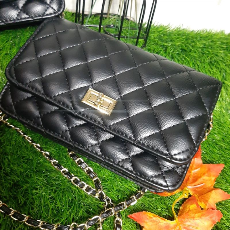 Slingbag Flapbag Canelboy Hitam | Tali Rantai Kulit Quilt | Tas Selempang Import Mini Andin | Pesta