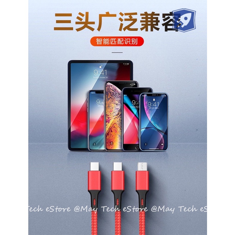 Kabel 3 in 1 Untuk iPhone / Android Fast Charger iOS + Micro USB + Type C