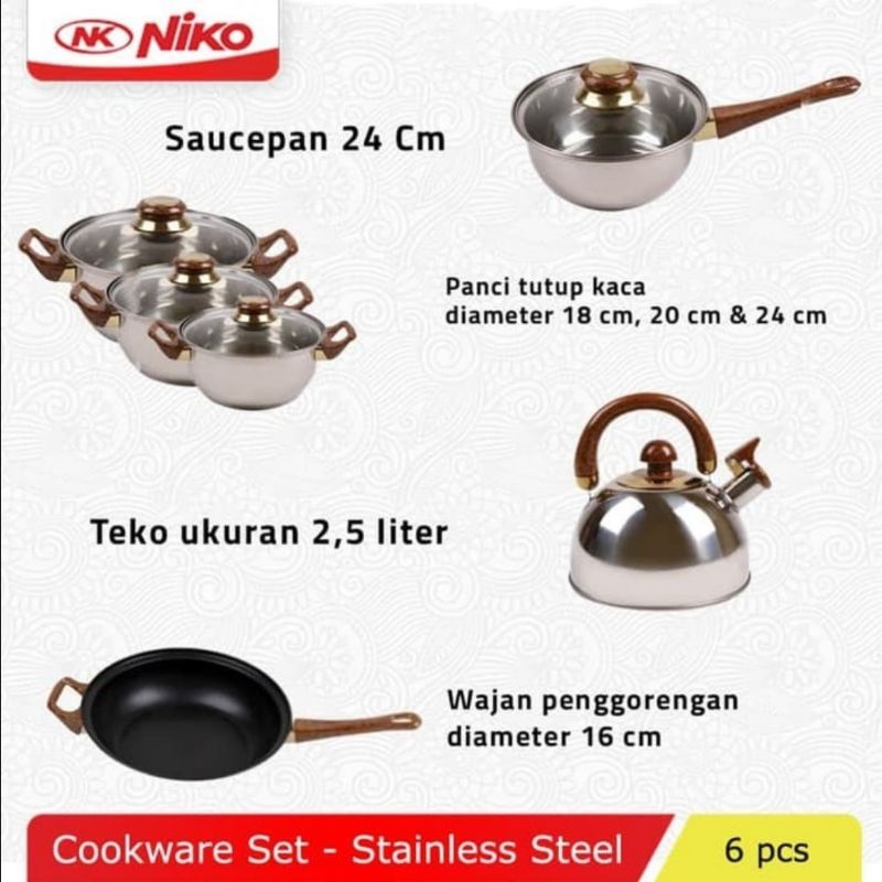 Niko Panci Set Stainless Tutup Kaca / Cookware Set NK - 1113SP