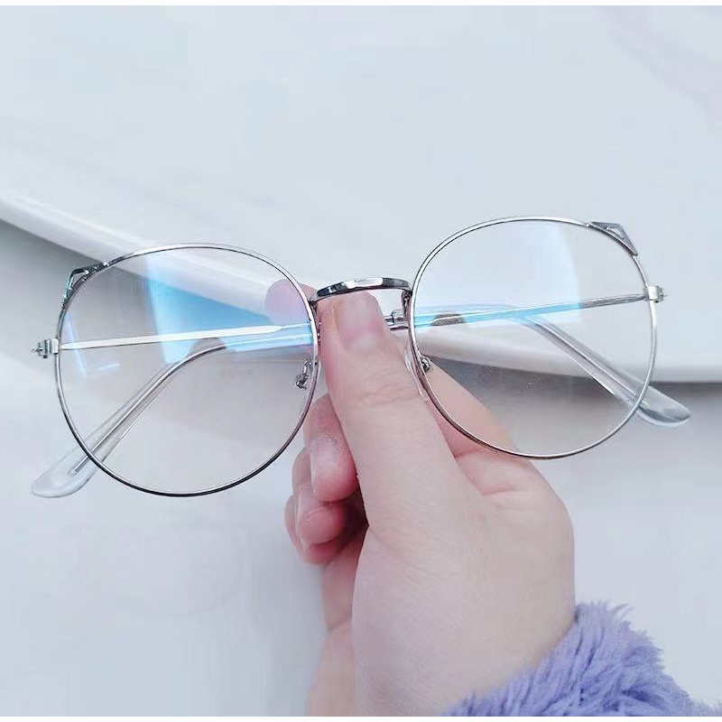 (Rowling)Impor murah Frame Kacamata Wanita dan Pria Gaya Retro Round Eyeglasses Metal Frame Kacamata Fashion-ka-5 silver