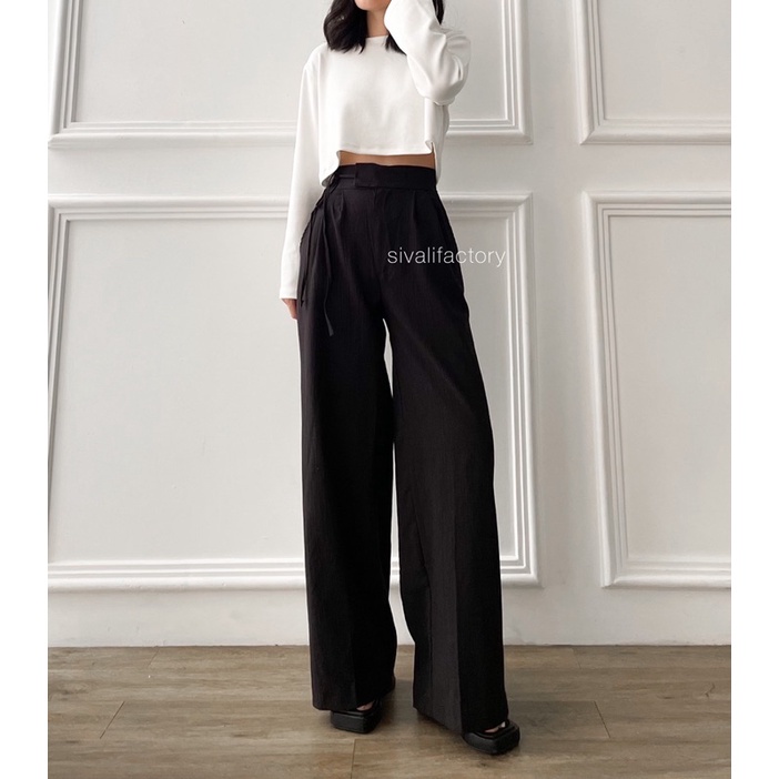 SIVALI Jennie Pants - Celana Kulot Linen Crinkle Highwaist - Cullote Pants