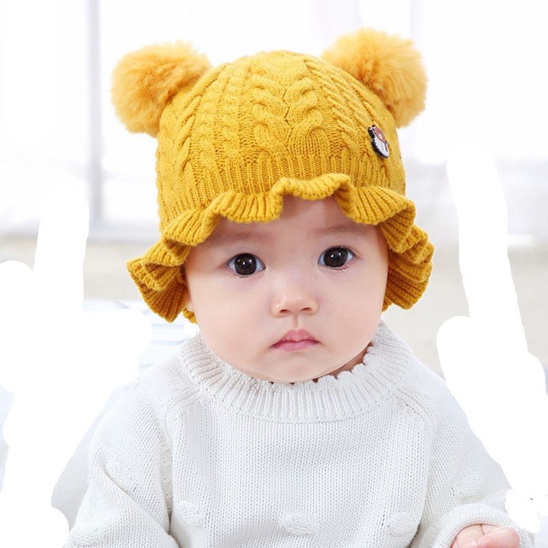 IMPORT TOPI BAYI RAJUT POM RENDA DENGAN PIN BERUANG RAJUT RUFFLE TOPI ANAK TOPI BAYI KUPLUK BAYI