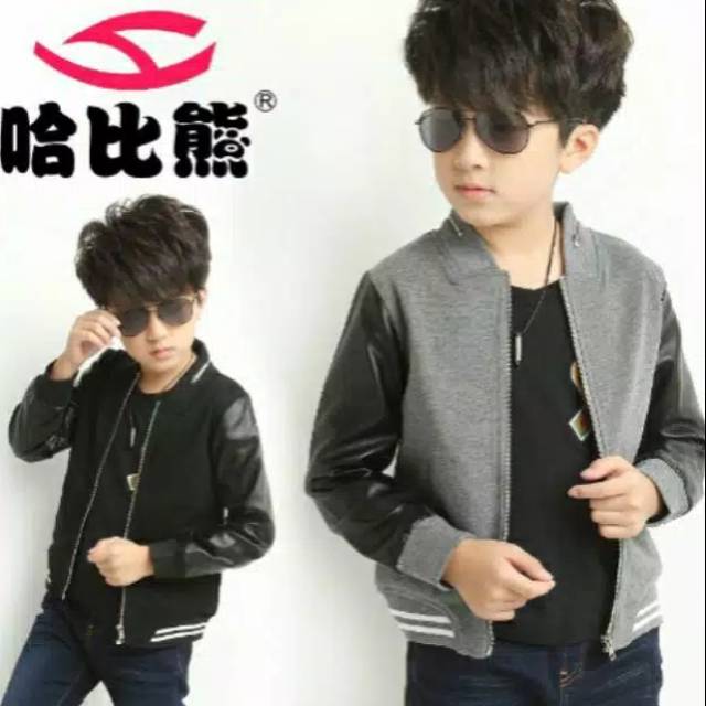 Jaket anak laki laki baseball bahan semikulit sintetis kombinasi sweter flece