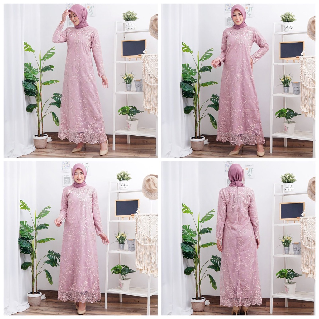 (FULL BRUKAT TILE) GAMIS BELLA FULL BRUKAT TILE BORDIR MUTIARA GLITTER MAXI DRESS PESTA MUSLIM