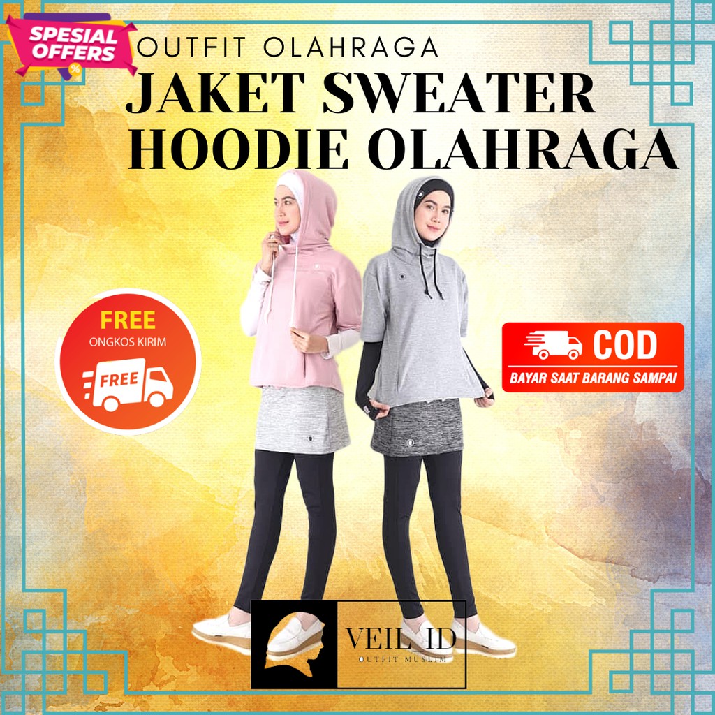[Bisa COD] Outfit Muslim Hijab Hoodie Sweater Short Sleeve Jaket Sporty Wanita Olahraga Jogging90159