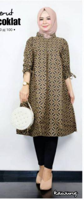 Atasan Batik Wanita Terlaris Tunik Serut Lawasan Coklat