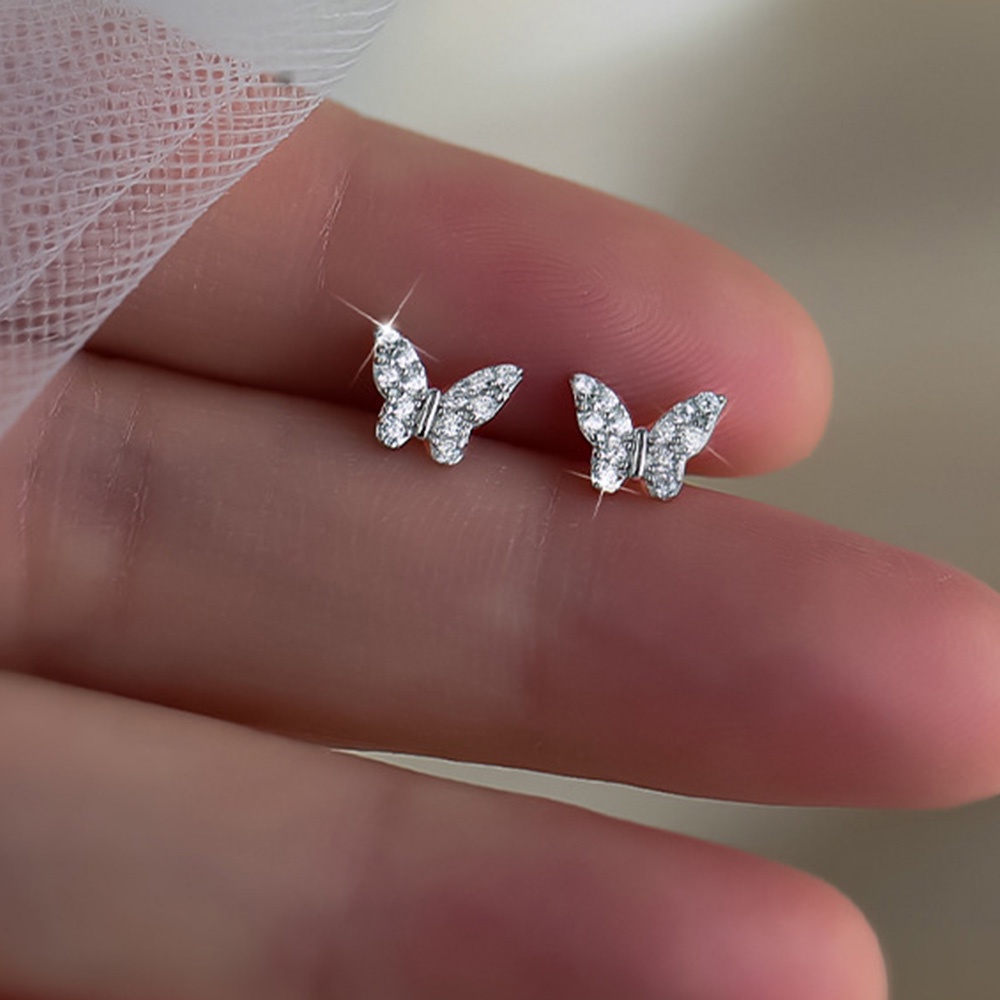 Anting Stud Zircon Bentuk Kupu-Kupu Kecil Warna Silver Untuk Wanita