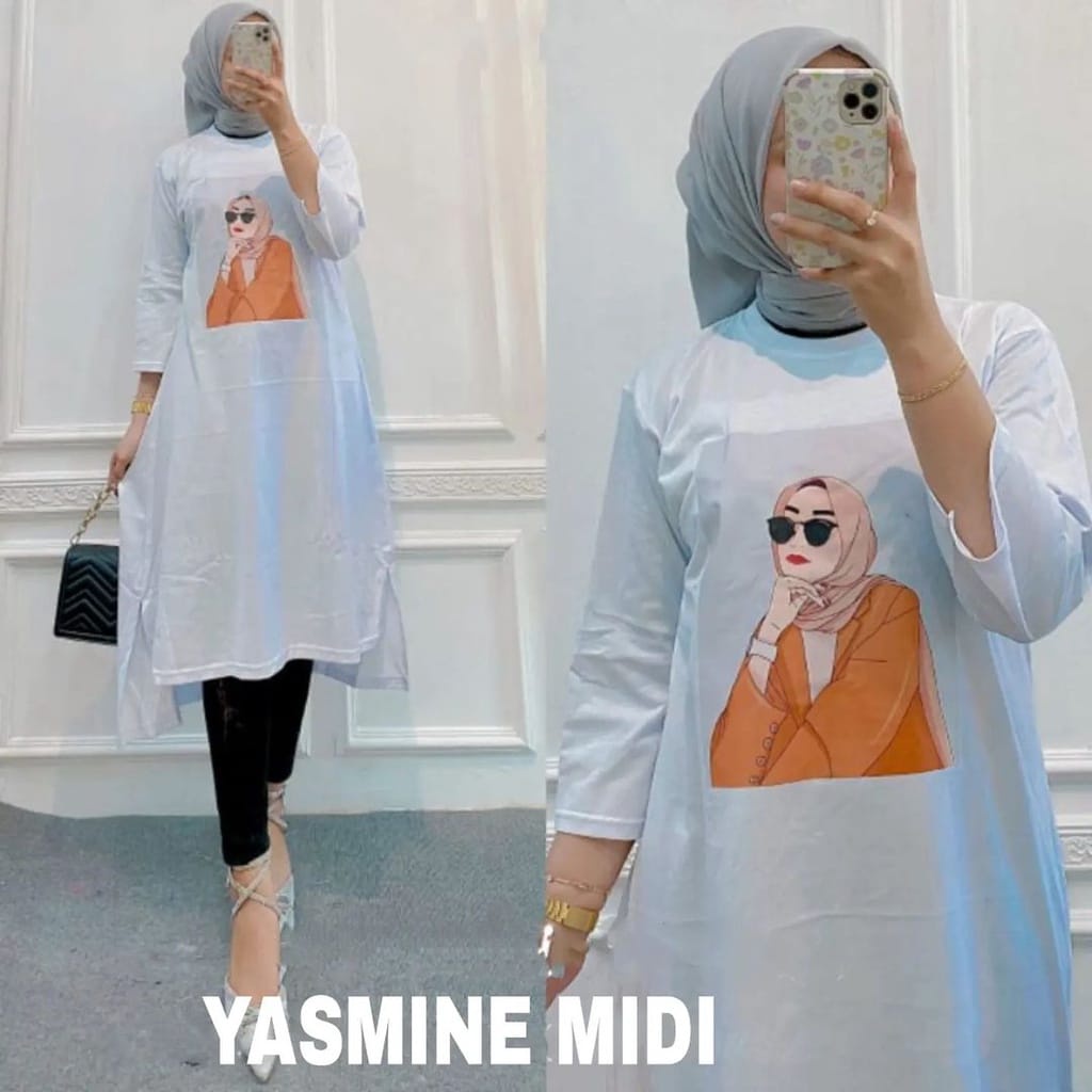 Dress Wanita Terbaru Yasmine Midi Matt Combed 24s Aksen Sablon Midi Dress Jumbo Ootd Kekinian Korean Style Gamis Cewek Dewasa