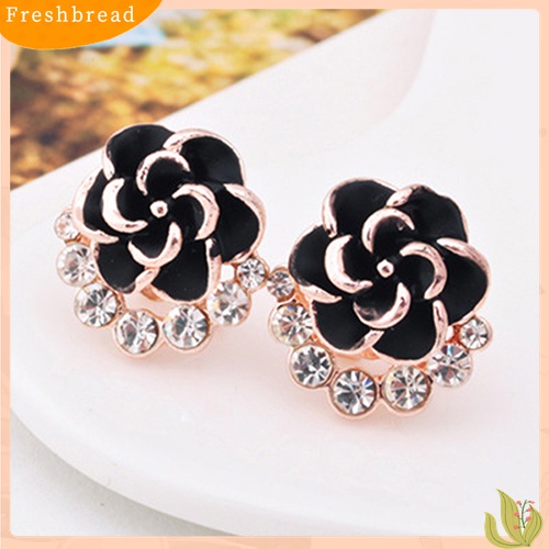 Fresh| Anting Tusuk Motif Bunga Peony / Camellia Bahan Alloy Hias Berlian Imitasi Untuk Wanita / Pesta