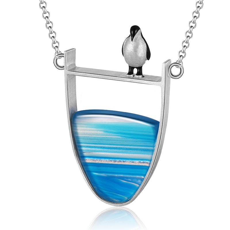 SERI SERI Kalung Wanita Perak 925 Asli Agate Penguin Sterling Silver Necklace Batu Biru