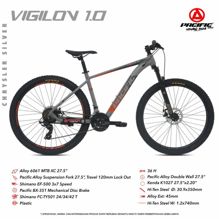 Sepeda Gunung 27,5 Inch MTB PACIFIC VIGILON 1.0 Alloy 3x7 Speed - Chrysler Silver