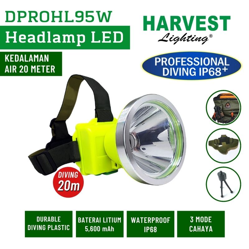 Harvest Lighting Headlamp 95W Senter Kepala LED DIVING IP68 Lampu Selam Spearfishing Bergaransi