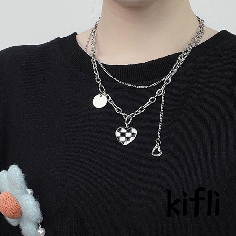 Kalung Rantai,Panjang Wanita,Liontin,Papan Catur Lapis Ganda